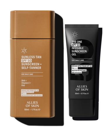 Allies of Skin Daily Self Tanner with SPF 50 & Daily Face Sunscreen SPF 50 Travel Size | Daily Duo for Natural Glow & Invisible UV Protection in Lightweight Gel Formula (1.7 oz / 0.7 oz)