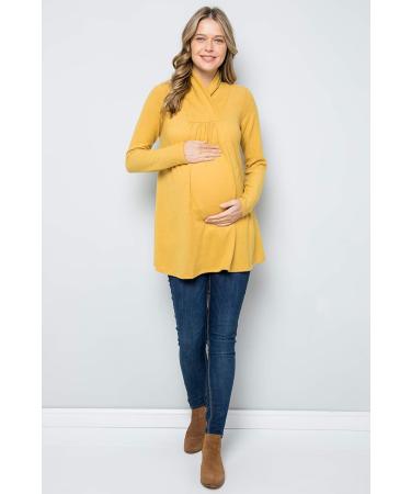 Maternity Knit Sweater - High Neck Shawl Collar Tunic Top | Mustard, Size L | Made in USA - Buy Online on GoSupps.com