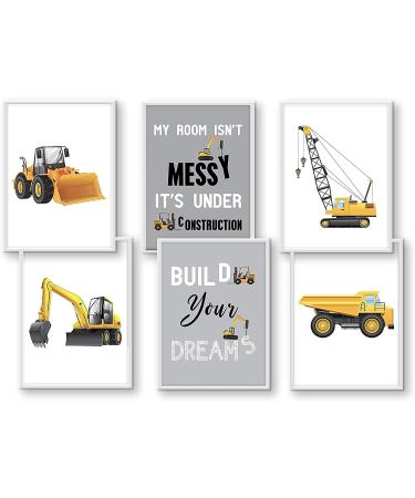 WIETRE Set of 6 Pictures Construction Vehicles Digger Crane Children's Room Decoration Picture Boy Baby Room Poster DIN A4 Truck Construction Site Stacker Roller Car Vehicles Decoration (with White