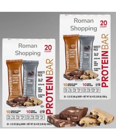 40-Bar Variety Pack Chocolate Peanut Butter Chunk (21g Protein 2g Sugar 11g Net Carbs 10g Fiber) & Cookies and Cream (22g Protein 2g Sugar 10g Net Carbs 11g Fiber) Soft Texture Distributed by Roman Shopping ki