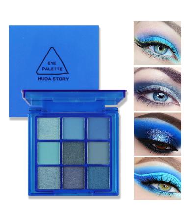 Blue Glitter Eyeshadow Palette for Women, Waterproof and Sweatproof, Long Lasting, Hypoallergenic, 9 Colors