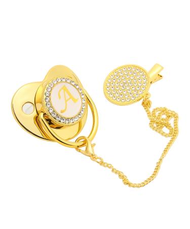 Baby Pacifier  Personalized Pacifier and Pacifier Clip Set  Golden Baby Pacifier with 26 Letters Golden Bling Newborn Dummy Soother Silicone Infant Nipple Baby Weaning Artifact for Newborn