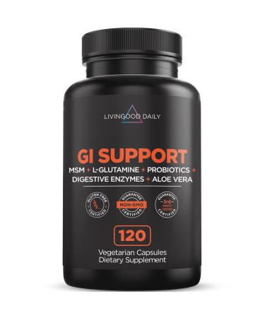 Livingood Daily GI Support - Leaky Gut Repair Supplements - 1000mg L Glutamine with MSM, Probiotics, Digestive Enzymes, Ox Bile & Slippery Elm - Gut Health Supplements for Women & Men, 120 Capsules