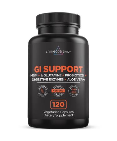 Livingood Daily GI Support - Leaky Gut Repair Supplements - 1000mg L Glutamine with MSM, Probiotics, Digestive Enzymes, Ox Bile & Slippery Elm - Gut Health Supplements for Women & Men, 120 Capsules - Buy Online on GoSupps.com