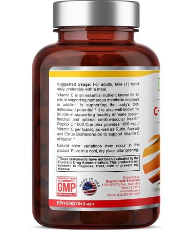 Biophix Vitamin C-1000mg Complex - Vegan with Calcium, Citrus Bioflavonoids, Acerola Rutin | 30 Tablets - Immune Health Support - Buy Online on GoSupps.com