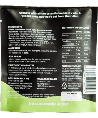 Rollagranola - Complete Vegan Hazelnut Butter & Cranberry Granola 10 x 40g Serving Gluten Free & Suitable for a Vegan Diet Crunchy Adaptogenic Granola Nutritiously Nootropic Naturally - Buy Online on GoSupps.com