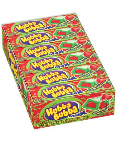 (18 Pack) HUBBA BUBBA Max Bubble Gum Strawberry Watermelon Flavored Chewing Gum, 5 Piece Strawberry Watermelon 5 Count (Pack of 18)