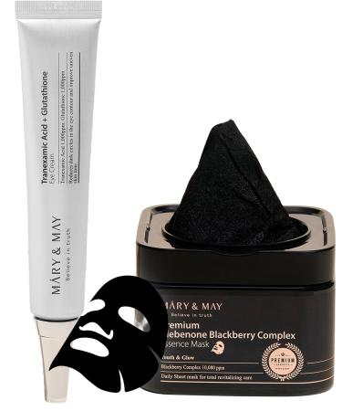Mary&May Tranexamic Acid + Glutathione Eye Cream + Premium Idebenone Blackberry Complex Essence Mask Bundle