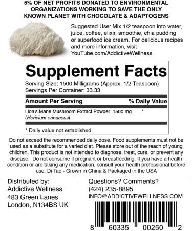 Addictive Wellness Lions Mane Supplement Powder, Premium Quality Lions Mane Mushroom Powder Dual-Extract Nootropic, Sugar Free, Vegan & Paleo Friendly Lion's Mane Mushroom Supplement - 1500 mg 1.76 Ounce (Pack of 1) - Buy Online on GoSupps.com