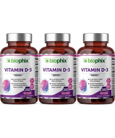 biophix Vitamin D-3 10000 IU 380 Softgels 3 Pack - High-Potency in Extra Virgin Olive Oil Non-GMO Soy-Free Supports Strong Bones Immune Health