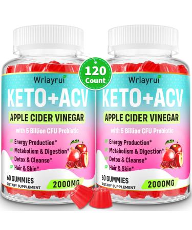 Apple Cider Vinegar Gummies Fast Ripped Keto ACV Gummies Max Strength 2000mg Formulated with Green Tea Probiotics B6 & B12 ACV Gummies for Metabolism Digestion Detox & Cleanse 120 Gummies 60 Count (Pack of 2)