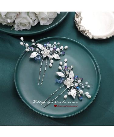 Blue Rhinestone Flower Bride Wedding Hair Pins - Bridal Hair Accessories (Pack of 2) - Buy Online on GoSupps.com