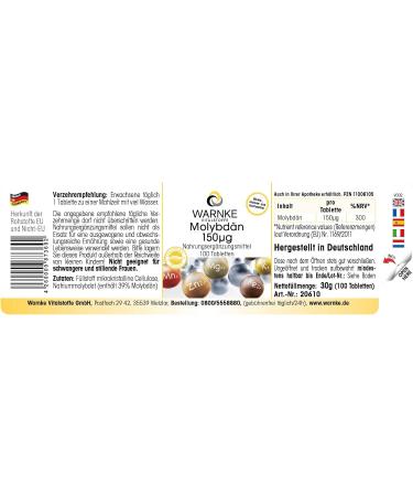 Molybdenum 150 g Tablets - 100 Vegan Pills | Essential Trace Element | Warnke Vitalstoffe - Premium German Pharmacy Quality - Buy Online on GoSupps.com
