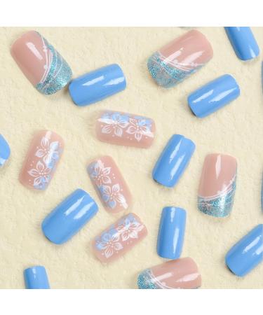 OKAQEE Almond Solid Blue Gold Fake Nails - Short Square False Nails with Glue - Buy Online on GoSupps.com