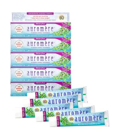 Auromere Ayurvedic Herbal Toothpaste Mint Free - with Neem & Peelu Natural Toothpaste Non-GMO Fluoride Free Toothpaste Vegan Cruelty-Free Lasts 3X Longer Than Regular Toothpaste - 5 Pack