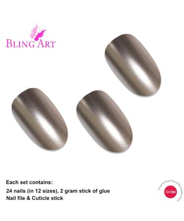 Shop Bling Art Beige Metallic Oval False Nails - 24 Medium Tips | Premium Artificial Nails for Flawless Style - Buy Online on GoSupps.com