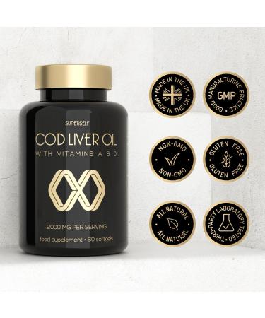 Cod Liver Oil Capsules High Strength 2000mg - Rich in EPA DHA Omega 3 & Vitamins D and A - 60 Softgel Tablets - 1000mg Arctic Cod Liver Oil per Capsule - Odourless & Burp-Free Fish Oil - UK Made - Buy Online on GoSupps.com