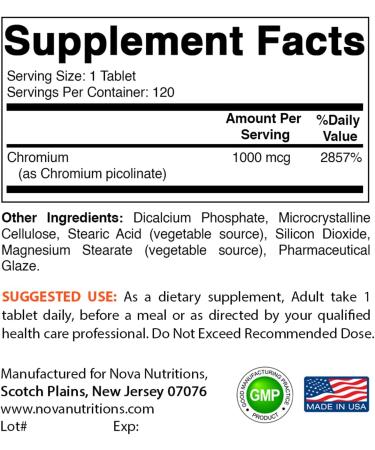 Nova Nutritions Chromium Picolinate 1000mcg - 120 Tablets for Healthy Glucose Metabolism - Buy Online on GoSupps.com