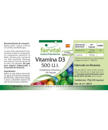 Fairvital | Vitamin D3 500 IU - box of 100 days - Highly dosed - 100 caps - cholecalciferol - Buy Online on GoSupps.com