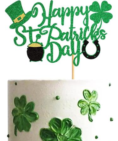 Ercadio 1 Pack Happy St Patrick's Day Cake Toppers Happy St Patrick's Day Cake Picks with Four Leaf Green Hat for st.Patrick s Day Birthday Baby Shower Party Cake Decor Supplies Pattern 12