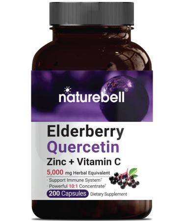 Sambucus Elderberry Capsules  5000mg Herbal Equivalent  with Quercetin 500mg  Zinc and Vitamin C  200 Capsules  4 in 1 Formula  Support Immune System  Premium Elderberry Zinc Quercetin Supplements