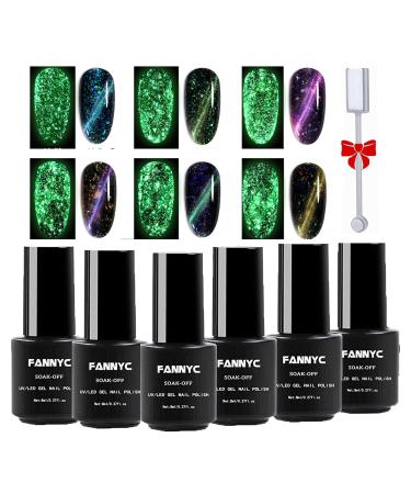 Fannyc Glow in The Dark Cat Eye Gel Nail Polish Set 6 Colors Magnetic Gel Nail Polish Set Designs Nail Led UV Light Needed Luminous cat eye