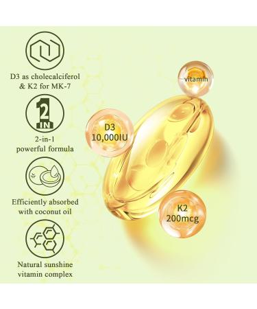 2-in-1 Vitamin D3 K2 Supplement Softgel Vitamin D3 10000 IU and Vitamin K2 200 mcg K2 MK7 with D3 Vitamin Supplement Support Immune Heart Joint Teeth & Bone Health 180 Count (Pack of 1) 10 000 IU D3 & 200MCG K2 180 Sof  - Buy Online on GoSupps.com