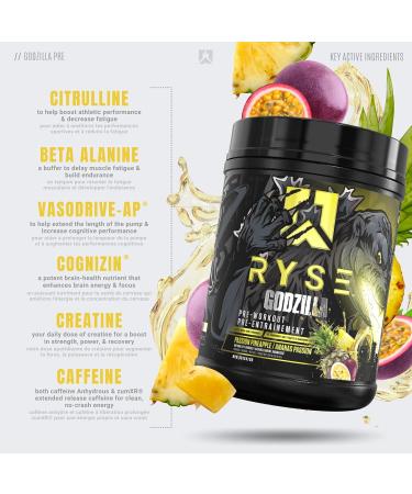 RYSE Up Supplements Noel Deyzel x Godzilla Pre Workout | Intense Pumps Energy & Focus | Citrulline & Beta Alanine | 400mg Total Caffeine | 40 Servings (Passion Pineapple) - Buy Online on GoSupps.com