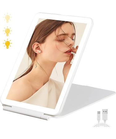 TANSHINE Portable Travel Mirror with Light Light Up LED Travel Makeup Mirror Touch Screen Folding Mirror  Rechargeable Small Makeup Mirror Lighted Three Colors Dimmable USB Vanity Mirror White Mirror-white