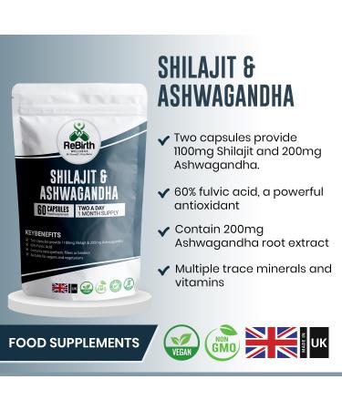 Shilajit Capsules 1300mg with Ashwagandha - Pure High Strength Supplement for Stamina & Stress - 60 Vegan Capsules - Buy Online on GoSupps.com