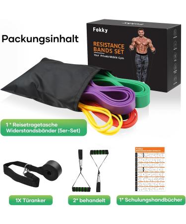 Fokky Fitness Straps Set - 5 Resistance Bands with Door Anchor Handles & Carrying Bag for CrossFit Yoga & Pilates - Strength Training in Yellow Red Black Purple & Green - Buy Online on GoSupps.com
