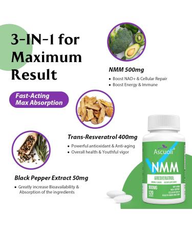 Ascuoli 99% Purity Sublingual NMM 500mg + Trans-Resveratrol 3-in-1 Advanced Formula NMM Resveratrol Supplement for Boost NAD+ Immune & Energy Support Anti-Aging Skin & Overall Health 120 Lozenge - Buy Online on GoSupps.com