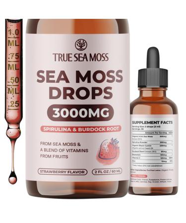 Irish Sea Moss Liquid Drops - with Spirulina, Burdock Root & Black Cumin - Liquid Supplement - Strawberry Flavor - 2 Fl Oz (60ml)