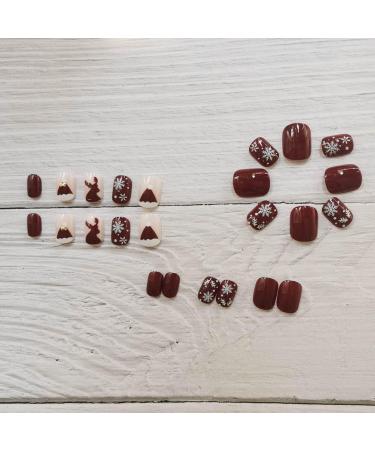 Bufenia 24Pcs Christmas Red Glitter Press on Nail Set - Short Square False Nails with Elk Snowflake Design - Glossy Acrylic Full Cover Nails for Women and Girls - Buy Online on GoSupps.com