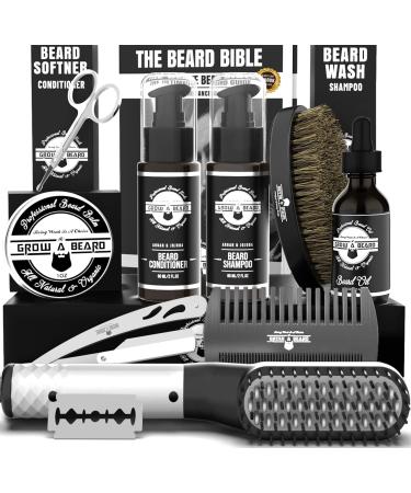 Beard Straightener Grooming Kit for Men, Beard Growth Kit, Beard Wash, Brush & Comb, Unscented Growth Oil, All Natural Chanel Balm, Conditioner, Razor & Scissors, Great Gift Black