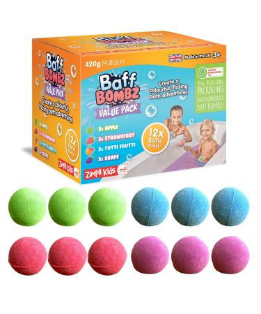 12 x Bath Bombs from Zimpli Kids  Children's Baff Fizzers  Gentle and Skin Safe  Certified Biodegradable Gift Set