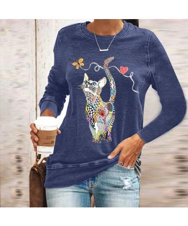 NHNKB Sweatshirt Women's Black Long Sleeve Women's Sweatshirt Cotton T-Shirt Women's with Print Cat Top Women's Black Elegant Casual Neck Shirt Women Blouse Long Sweatshirts Jumper Sleeves M Blue - Buy Online on GoSupps.com