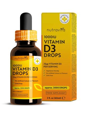 Vitamin D3 Drops 60ml (2000 Drops) Vitamin D 1000IU per Drop Flexible Dose of Liquid Vitamin D Supplement Supports Normal Bones Immune System & Calcium Absorption - Made by Nutravita