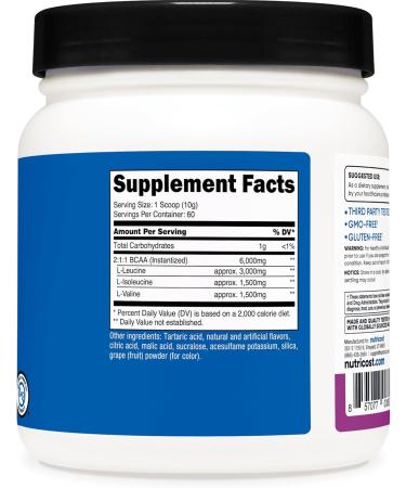 Nutricost BCAA Powder (Grape) - 60 Servings 2:1:1 Ratio Vegetarian Non-GMO & Gluten Free | International Shipping Available - Buy Online on GoSupps.com