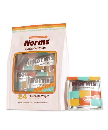 Norms Wipe Outs Hemorrhoid Wipes 24 Individually Wrapped Witch Hazel Wipes with Aloe to Soothe and Cool Itching Burning and Irritation Flushable Septic Safe Plant Based & Plastic-Free