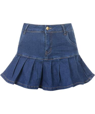 Girls Women High Waisted Pleated Skater Skirt with Lining Shorts - Dark Blue Denim Medium - Buy Online on GoSupps.com