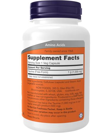 NOW Foods Taurine 1 000 mg - Double Strength for Nervous System Health | 100 Veg Capsules - International Shipping Available - Buy Online on GoSupps.com