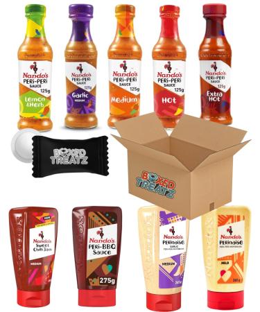 Nando's Sauce Bundle: Lemon Herb Medium Hot Extra Hot Garlic (125g each) Perinaise Mild/Medium/Garlic Medium 265g BBQ Sauce 275g & Sweet Chilli Jam 285g (Total 1.98kg) Boxed Treatz