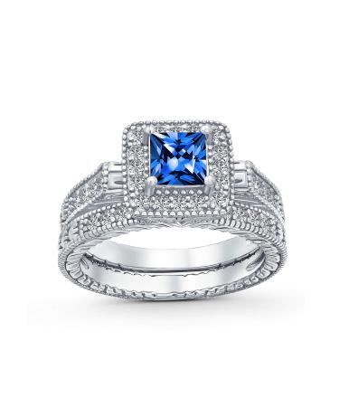 Art Deco Vintage Style 1CT Square Simulated Blue Sapphire Solitaire Cubic Zirconia Brilliant Princess Cut Halo AAA CZ Pave Anniversary Engagement Wedding Band Ring Set Rose Gold .925 Sterling Silver Blue 8