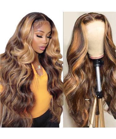 30 inch 5x5 Highlight Body Wave Lace Front Wigs Human Hair Pre-plucked 5x5 Lace Closure Wigs P4/27 Color Ombre Body Wave Wigs With Baby Hair 150% Density Honey Blonde Body Wave Human Hair Wigs 30" Highlight