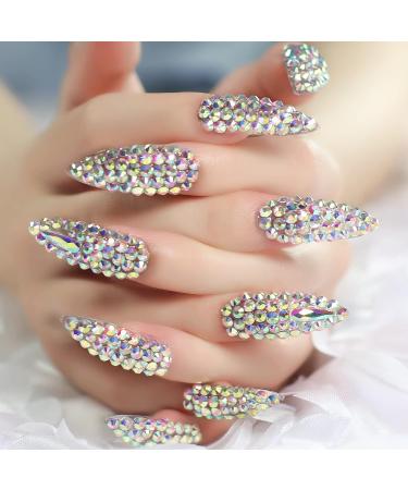 3D Rhinestone Full Cover Super Long Stiletto Fake Nails Set for Wedding Party - Luxury Manicure Nail Art Tips - Buy Online on GoSupps.com