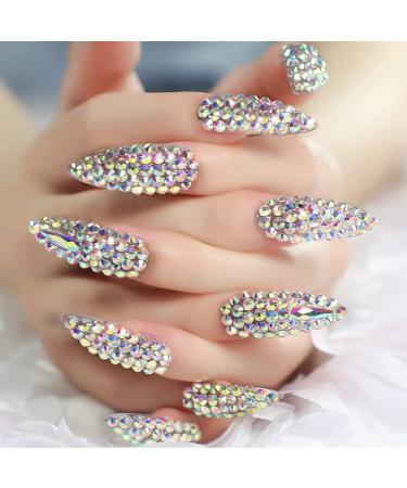 3D Rhinestone Art Deco Long Almond Fake Nails - Shiny Acrylic Gem Set (24 Pcs) - Buy Online on GoSupps.com