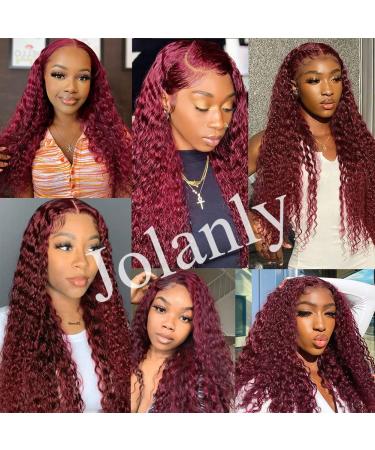 Burgundy Lace Front Human Hair Wig for Black Women - 24 Inch Deep Wave 99J Color, 13x4 Transparent Lace Frontal, Glueless Wet and Wavy Curly Wig, Pre Plucked Brazilian Virgin Hair - 180% Density - Buy Online on GoSupps.com