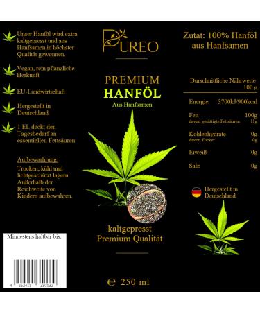 Pureo Hemp Oil 250 ml | Cold Pressed & 100% Natural | Good Omega-3 Source | Nutty Mild Taste | Made in Allg u - Buy Online on GoSupps.com