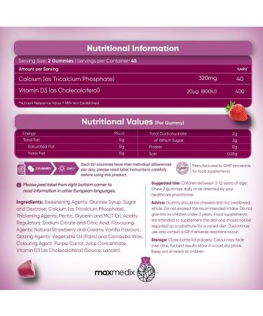 Kids Calcium & Vitamin D3 Gummies - 90 Count - Non-GMO Vegetarian Formula - Strawberry & Vanilla Flavored - 45 Day Supply - Buy Online on GoSupps.com